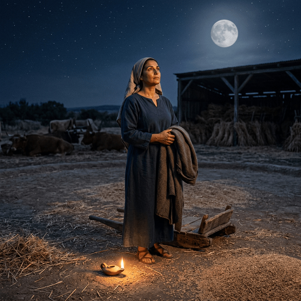 Woman in traditional clothing standing near an oil lamp on a farm at night with cows and a barn in background