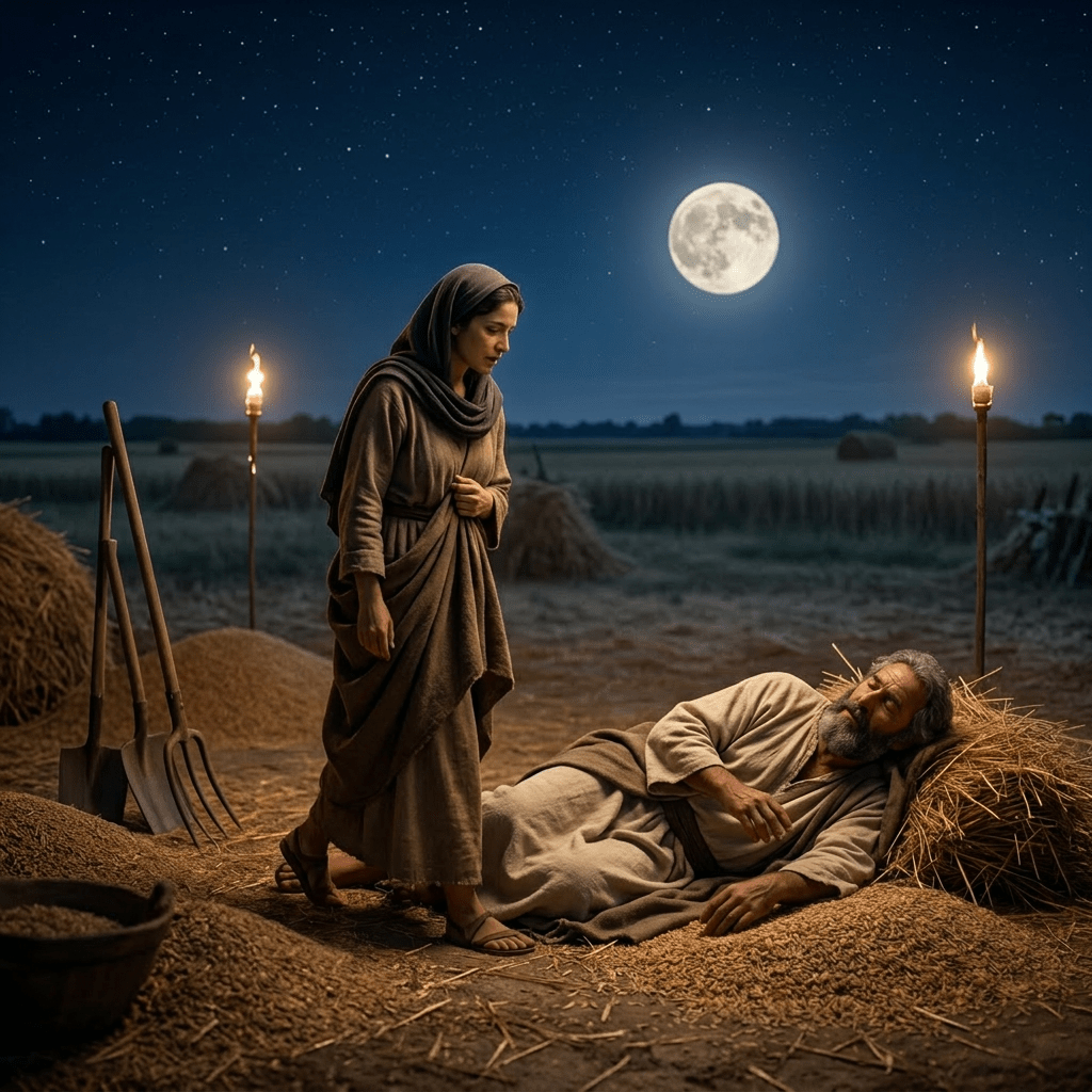 Woman in traditional clothing standing near a man lying on straw in a rustic stable at night under moonlight