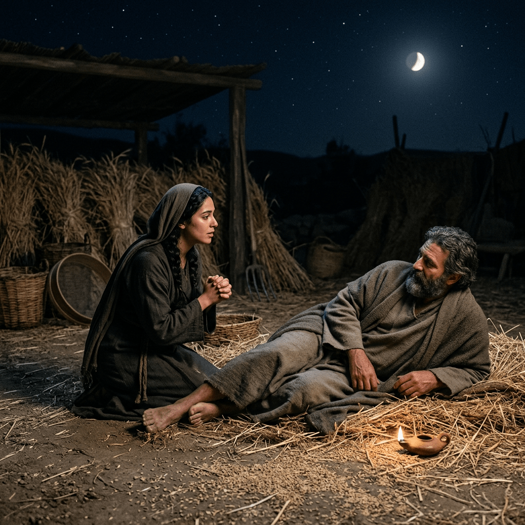 A woman kneeling and talking to a man lying on straw in a rustic nighttime setting with a crescent moon